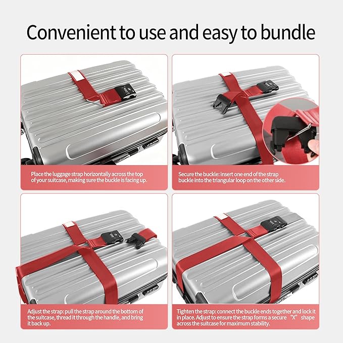 Luggage Straps, Wine-Red TSA-Approved Cross-Design Luggage Strap Belt with Customs Lock for Suitcases, 1-Pack Adjustable Heavy-Duty Cross Suitcase Straps with Name Tags for Travel and Carry-On Bags