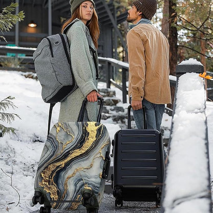 ANNA QUEEN Luxury Marble Gold Luggage Cover, Elegant Black & Grey Suitcase Protector with Faux Gold Vein Design, Stretchable, Washable Spandex Cover for 20-22 Inch Luggage