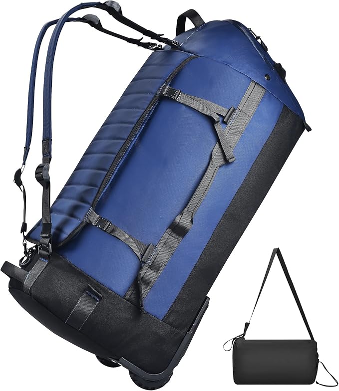 86L Foldable Rolling Duffel Backpack with Wheels - Extra Large Waterproof Travel Bag with Shoe Compartment, Heavy Duty Convertible Luggage for Outdoor, Sports, Airplane Trips