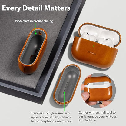 Belemay Handcrafted Oil-Waxed Leather Case for AirPods Pro 3rd Gen (2025), Genuine Cowhide, Smooth Glossy Lively Two-Tone Patina, Compatible with MagSafe, Compatible with Airpods Pro 3, Amber Brown
