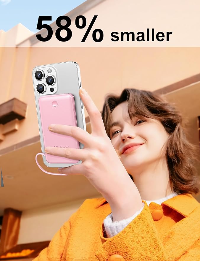 Ultra Slim 10000mAh Power Bank Built-in Cables and Foldable AC Wall Plug, Pocket Size USB C Portable Charger, External Battery Pack Compatible with iPhone Samsung iPad etc, Pink