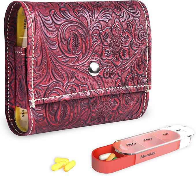 Pill Organizer,Haecsfl Weekly Travel Pill Case Box Medication Reminder Daily AM PM, Day Night 7 Compartments,for 4 Times A Day, 7 Days a Week-Includes Leather PU Carrying Case(1-Carved Red)