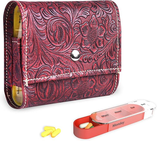Pill Organizer,Haecsfl Weekly Travel Pill Case Box Medication Reminder Daily AM PM, Day Night 7 Compartments,for 4 Times A Day, 7 Days a Week-Includes Leather PU Carrying Case(1-Carved Red)