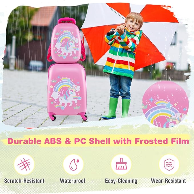 KOTEK Kids Carry On Luggage Set, 16" Hardside Rolling Suitcase with Spinner Wheels, Travel Rolling Luggage for Boys Girls (Rose Unicorn)