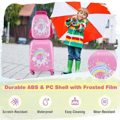 KOTEK Kids Carry On Luggage Set, 16" Hardside Rolling Suitcase with Spinner Wheels, Travel Rolling Luggage for Boys Girls (Rose Unicorn)