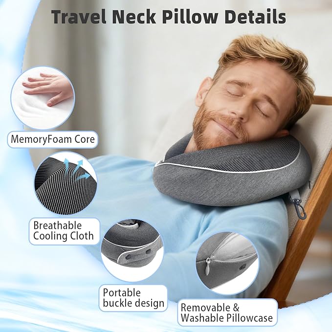 Memory Foam Travel Pillow,U-Shaped Neck Pillow for Sleeping Airplane and Car, with Portable Storage Case, Soft & Breathable, Provides Head & Neck Support