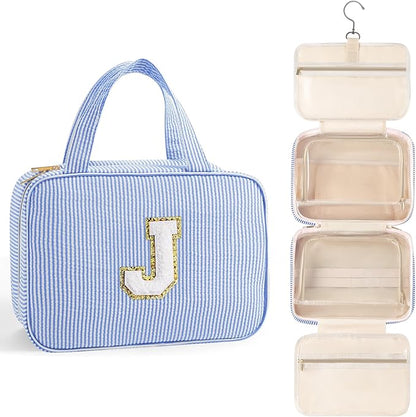 TOPEAST Travel Toiletry Bag Makeup Bag - Hanging Toiletry Bag for Women, Portable Toiletries Travel Bag and Cosmetic Bag, Airplane Travel Essentials Travel Toiletry Bag - Letter J, Blue