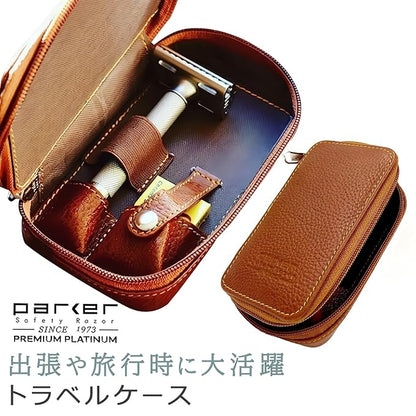 Parker Saddle‑Brown Leather Double Edge Safety Razor Case with Blade Compartment – Zip Travel Pouch