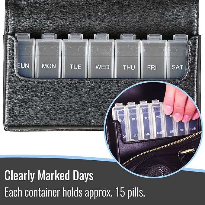 HealthSmart Weekly Pill Organizer, Medicine Organizer, Pill Box for 7 Days, Medication Organizer with Days of the Week, Black
