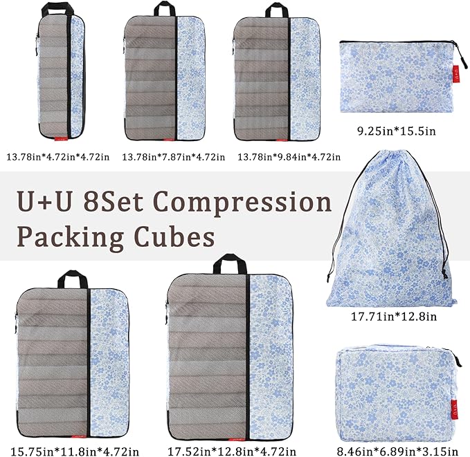 U+U 8 Set Compression Packing Cubes - Ultralight Travel Organizers with Laundry Bag and Cosmetic Bag, Space-Saving Suitcase Organizer for Travel, Business Trip and Family Vacation (Blue Flower)
