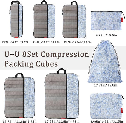 U+U 8 Set Compression Packing Cubes - Ultralight Travel Organizers with Laundry Bag and Cosmetic Bag, Space-Saving Suitcase Organizer for Travel, Business Trip and Family Vacation (Blue Flower)