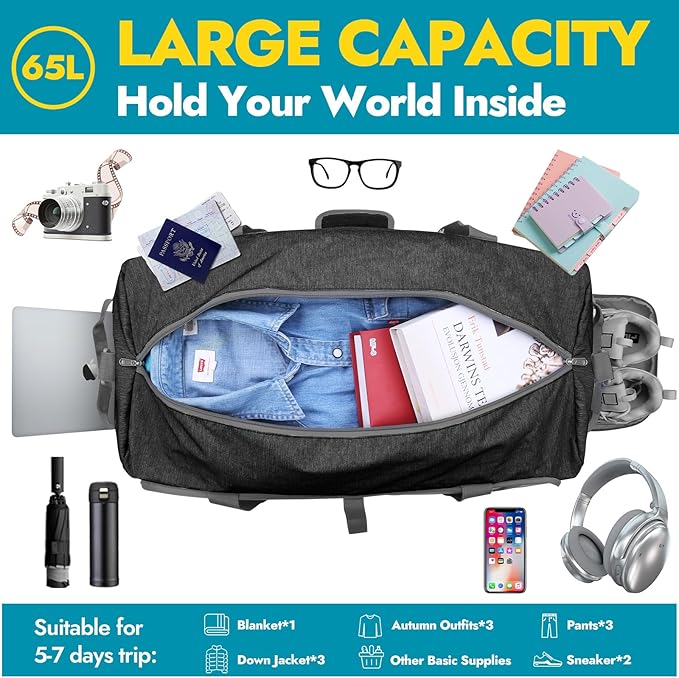 Canway 65L Travel Duffel Bag, Foldable Weekender Bag with Shoes Compartment for Men Women Water-proof & Tear Resistant (Panther Black, 65L)