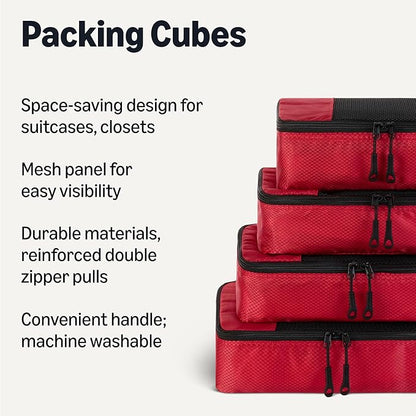 Amazon Essentials 4-Piece Packing Cubes Travel Accessories Set, Luggage Organizer with Double Zipper, Mesh Top, 100% Polyester, Small, Red (Previously Amazon Basics)