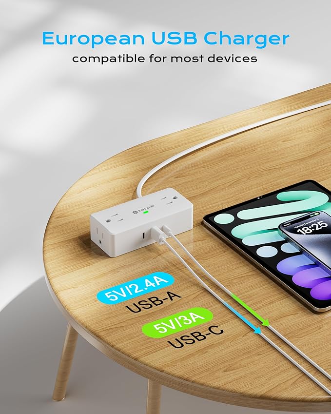 European Travel Plug Adapter, Type E F Plug Adapter, 4 AC Outlets, 3 USB Ports (2 USB C), 5ft Flat Extension Cord, for Germany France Travel