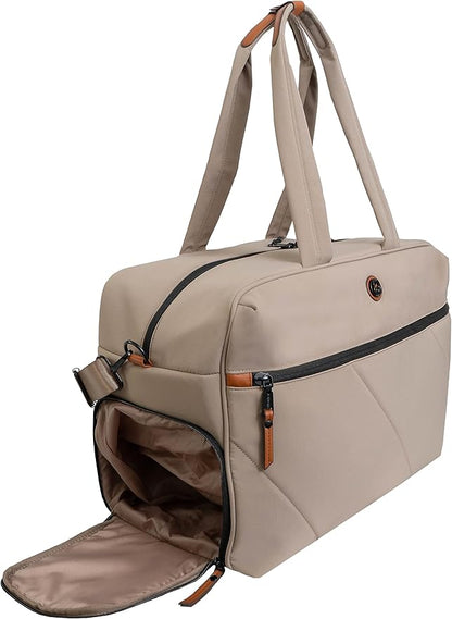 Joan & David 18" Travel Weekender Overnight Gym Duffel Bag, Includes Front Zip Pocket, Interior Zip, Zippered Shoe Pocket, Adjustable Straps with TSA Approved Bottles (Taupe)