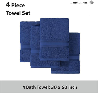 LANE LINEN 100% Cotton 4 Pack Bath Towels (30"x60") - Zero Twist, Mercerized Cotton Towels Set for Bathroom - Quick Dry, Soft & Absorbent Large Bath Towel Set - Dorm Essentials for Boys - Navy Blue
