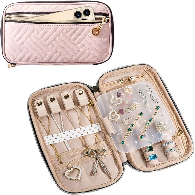 SFYBYHEART Travel Jewelry Organizer Case, Jewelry Travel Bags for Women, Small Travel Jewelry Case for Tangle-Free Earrings, Necklaces, Rings Storage, Travel Accessories, Travel Essentials, Pink
