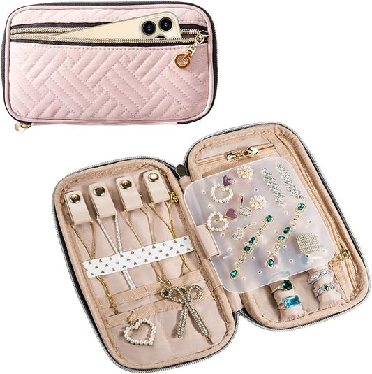 SFYBYHEART Travel Jewelry Organizer Case, Jewelry Travel Bags for Women, Small Travel Jewelry Case for Tangle-Free Earrings, Necklaces, Rings Storage, Travel Accessories, Travel Essentials, Pink