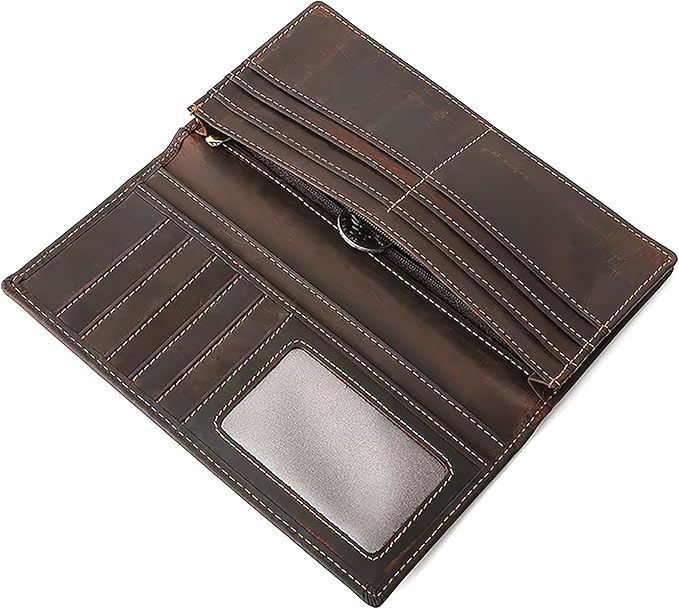 Leather Phone Wallet for Men RFID Blocking Long Wallet Genuine Crazy Horse Leather Coffee Brown Wallet with Card Slots ID Window Zipper Coin Pocket Cash Holder Travel Wallet