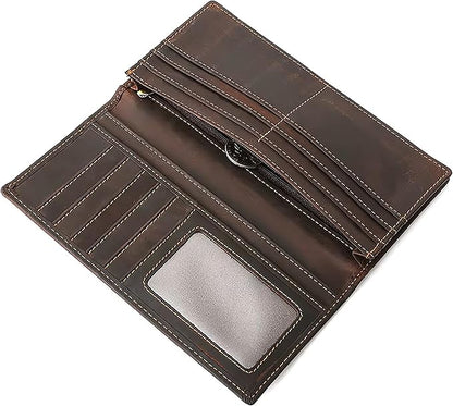 Leather Phone Wallet for Men RFID Blocking Long Wallet Genuine Crazy Horse Leather Coffee Brown Wallet with Card Slots ID Window Zipper Coin Pocket Cash Holder Travel Wallet