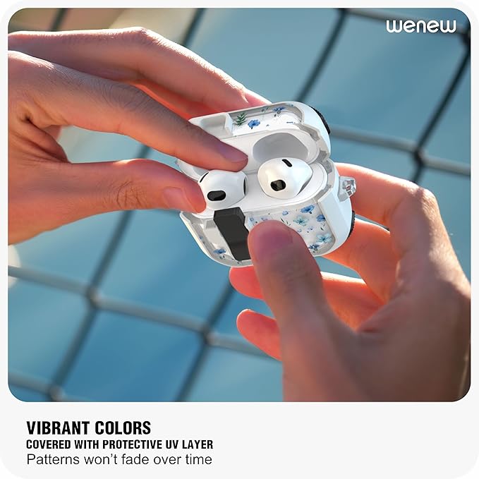 WENEW Case for AirPods 3 Case Cover Secure Lock Automatic Snap Switch Clip Cleaner Kit Lanyard Women Stylish Flower Armour Hard Shell Full Body Front LED Visible (Blue Flower, AirPods 3rd)