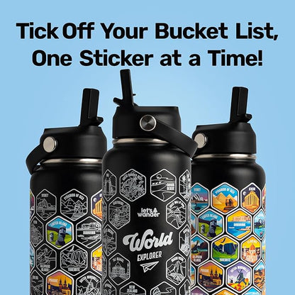 LET'S WANDER World Explorer Adventure Water Bottle with 50 Waterproof Stickers - 32oz Leakproof Insulated Stainless Steel with Straw - Travel Goal Gift Bottle (Black)