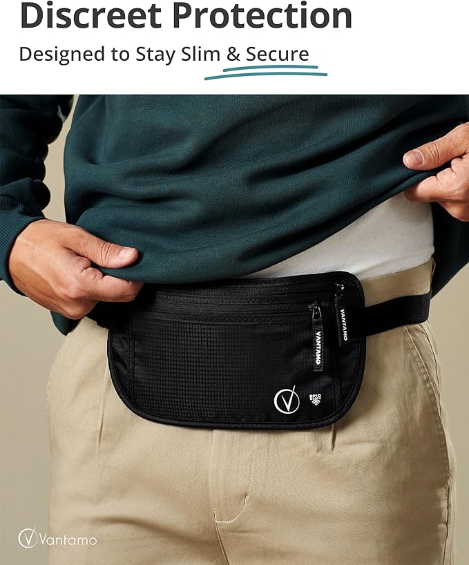 Vantamo Money Belt with RFID For Men & Women, Hidden Passport Holder for Travel, 2 Compartment Travel Fanny Pack for Women Anti Theft