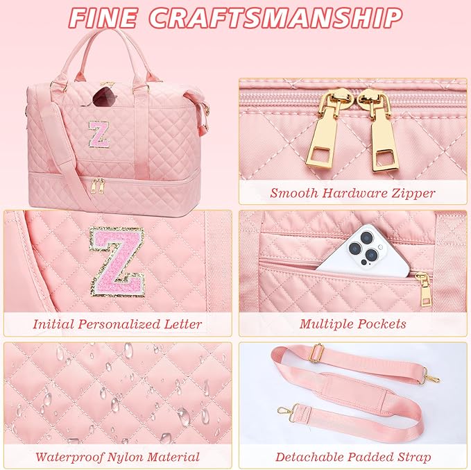 Gifts for Women Girls Birthday Christmas Initial Travel Duffle Bag Quilted Weekender Bags Carry-On Overnight with Cosmetic Bag, Gym Bag with Shoe Compartment, Pink-Z
