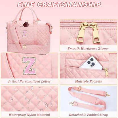 Gifts for Women Girls Birthday Christmas Initial Travel Duffle Bag Quilted Weekender Bags Carry-On Overnight with Cosmetic Bag, Gym Bag with Shoe Compartment, Pink-Z
