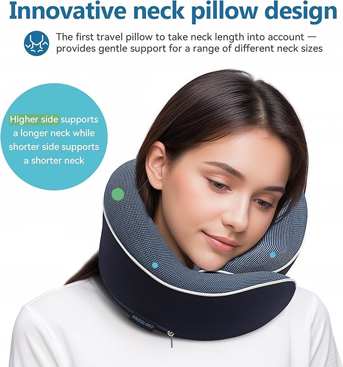 Proglobe Orthopedic Neck Pillow Travel Neck Pillows for Airplanes, Memory Foam Kit, Updated Resting Material, Airplane Travel Set with 3D Contoured Eye Masks, Earplugs, and Luxury Mesh Bag (Blue)