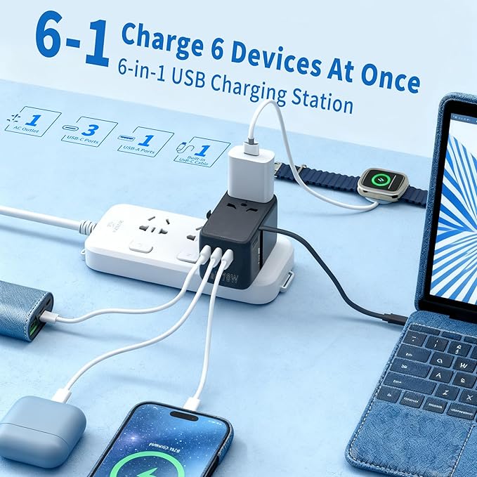 70W GaN Universal Travel Adapter, 6-in-1 International Power Adapter for US/EU/UK/AUS & 200+ Countries, European Travel Plug Adapter with Built-in USB-C Cable & 4-Ports for Laptop, Phone