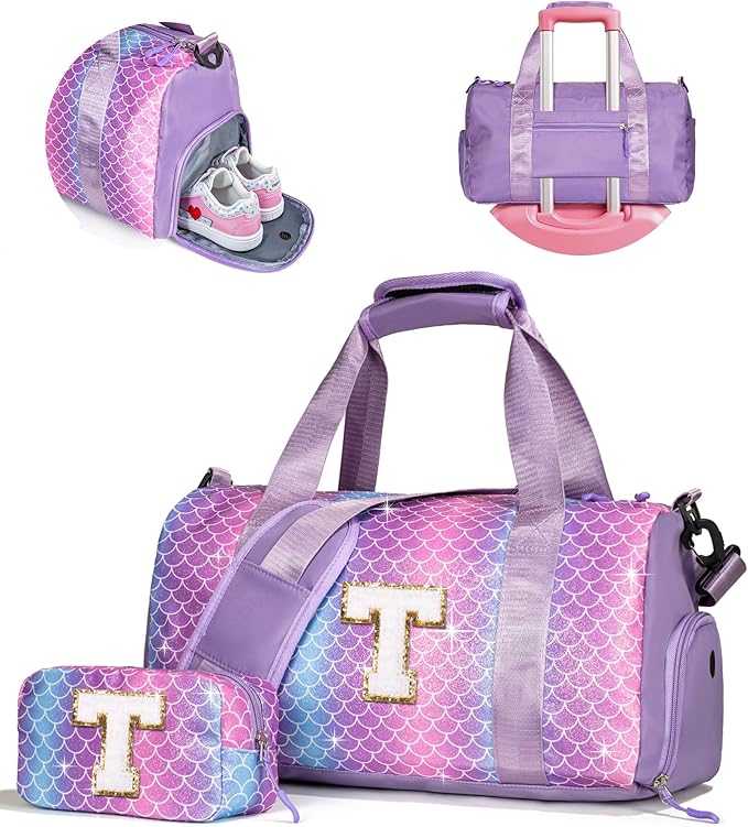Gifts for 8 Year Old Girls-Girl Gym Bag with Shoe Compartment, Kid Personalized Weekender Overnight Bags, Initial Travel Tote with Makeup Pouch, Gift for 3 4 5 6 7 Year Old Kids (Letter T)