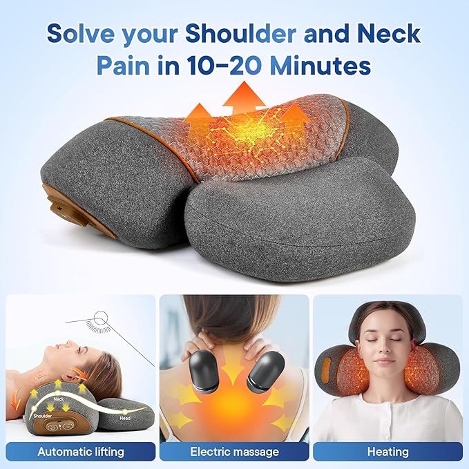 Neck Massager Pillow, 3-in-1 Neck Massager, Travel Massage Pillow for Shoulder Pain Relief, Deep Tissue Pain with Heat and Traction, Hump Corrector