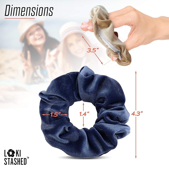 3-Pack Velvet Hair Tie Scrunchies for Girls & Women, The Original Hidden Pocket Scrunchie with Zipper Pocket Storage, Accessories, Small Items, Keys, Money - Navy, Tan, Black Color