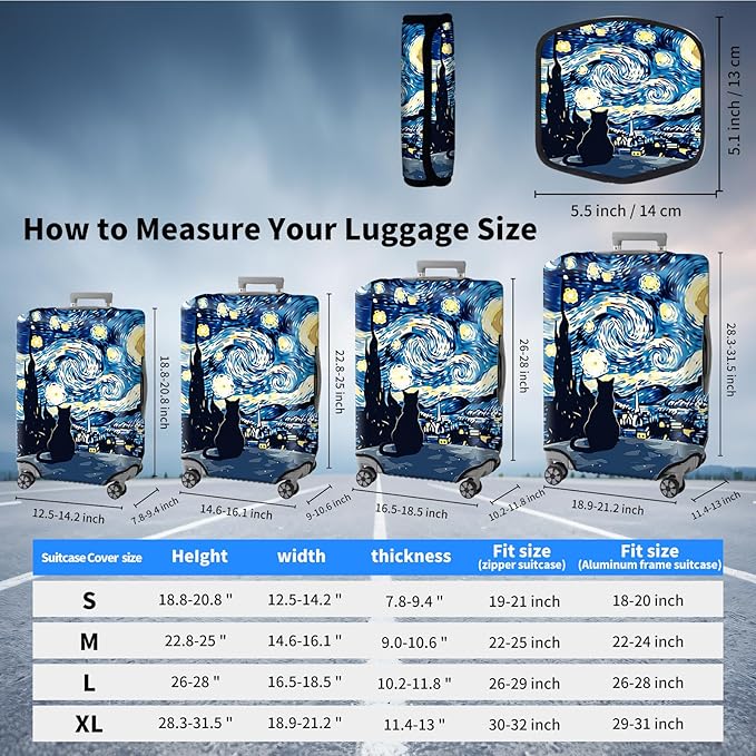 Suitcase Cover for Luggage 25-28 Inch, Washable Elastic Anti-Scratch Luggage Protector, Durable Zipper Baggage Cover with Handle Wrap, Travel Accessories for Suitcase, Starry Night Cat