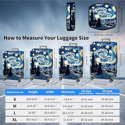 Suitcase Cover for Luggage 25-28 Inch, Washable Elastic Anti-Scratch Luggage Protector, Durable Zipper Baggage Cover with Handle Wrap, Travel Accessories for Suitcase, Starry Night Cat