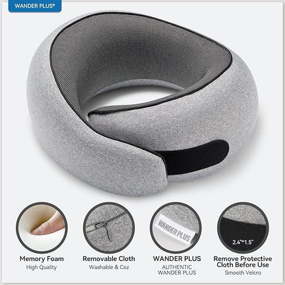 WANDER PLUS® Travel Neck Pillow, Pure Memory Foam Neck Pillow for Airplanes, Comfortable Breathable Cover, 360 Degree Support Ergonomic Design Best for Sleeping Plane Train Travel Essentials Max Grey