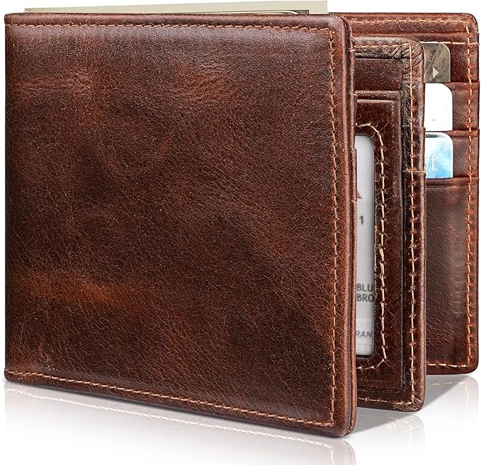 Mens Wallet Bifold Genuine Leather RFID Blocking Wallet for Men with 1 ID Windows 13 Card Holders 2 cash pockets 1 Gift Box