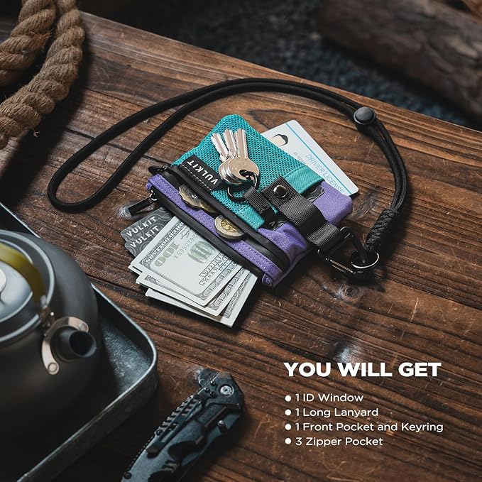 VULKIT Small RFID Wallet for Women & Men – Minimalist Zipper Wallet with ID Window, Keychain & Carabiner, Holds 15 Cards, Water Resistant Travel Lanyard Wallet AauaGreen Purple