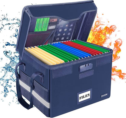 DocSafe Fireproof Document Box with Lock, File Storage Organizer with Mesh Pockets, Collapsible Portable File Box Home Office Safe Filing Cabinet with Handle for Hanging Letter/Legal Folder, Blue