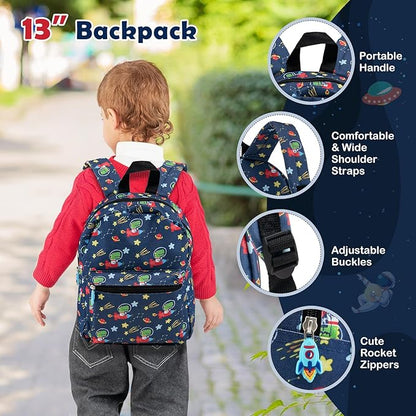 Goplus 5 Piece Kid’s Luggage Set, 16” Carry on Suitcase w/13” Backpack, Neck Pillow, Hardside Spinner Toddler Luggage, Travel Rolling Suitcase for Boys Girls Gifts (Navy, Space Dino)