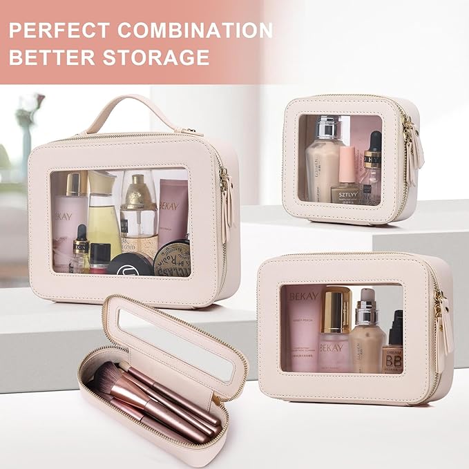 Pinkmik Clear Makeup Bag Waterproof Travel Case for Cosmetics and Toiletries Women's Purse Organizer and Clear Car Bag with Zipper (Beige, L+M+MINI)