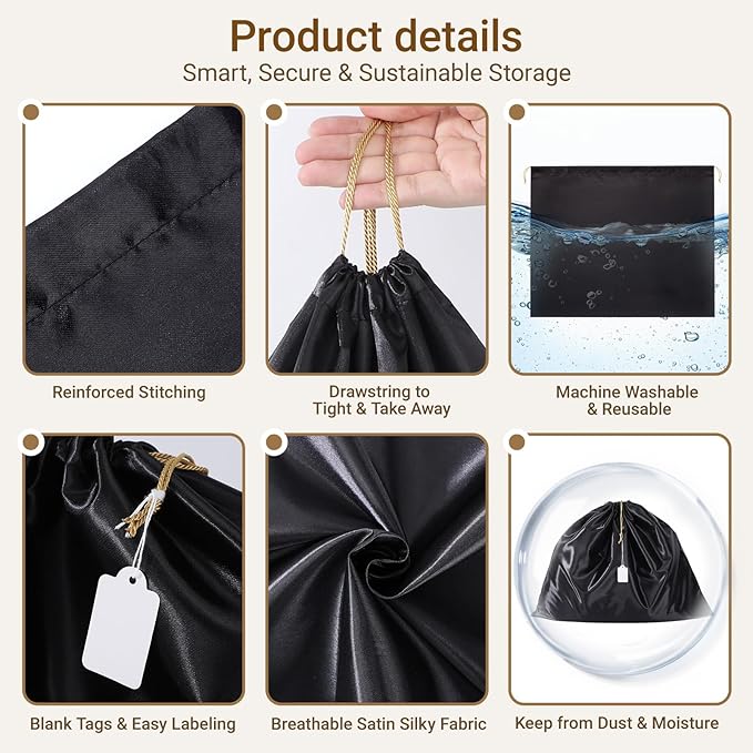 Ewen 7Pcs Dust Bags for Handbags, Silk Cloth Bag with Drawstring, 2Pack 11.8x15.7in Storage for Shoes, 2Pcs 19.6x15.7in Dust Bag, Pack of 3 23.6x19.6in Bags for Purse, Black Satin Travel Storage Pouch