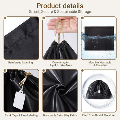Ewen 7Pcs Dust Bags for Handbags, Silk Cloth Bag with Drawstring, 2Pack 11.8x15.7in Storage for Shoes, 2Pcs 19.6x15.7in Dust Bag, Pack of 3 23.6x19.6in Bags for Purse, Black Satin Travel Storage Pouch