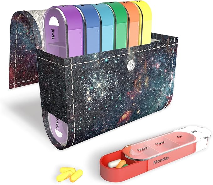 Pill Organizer,LIZIMANDU Weekly Travel Pill Case Box Medication Reminder Daily AM PM, Day Night 7 Compartments,for 4 Times A Day, 7 Days a Week-Includes Leather PU Carrying Case(Star Night)