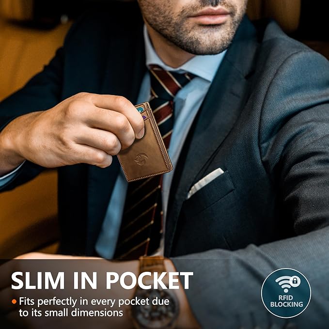 Magnetic Closure Slim Wallet for Men with Money Clip Gift Boxed,Genuine Leather Front Pocket Wallet, 3.9"x 2.7", RFID Blocking