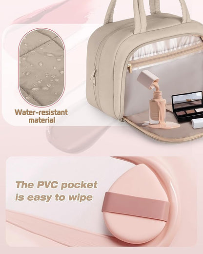 Travel Toiletry Bag for Women with Hanging Hook, Water Resistant Puffy Makeup Organizer with Leak Proof Pockets for Toiletries and Cosmetics - Khaki (Bag Only)