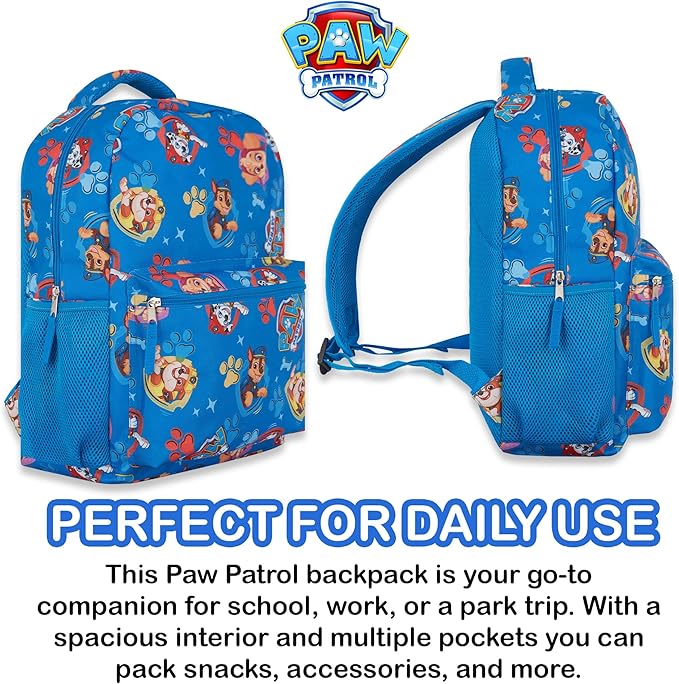 Paw Patrol Backpack for Kids - Chase, Skye, Marshall, Rubble, Rocky, Zuma, Everest, Liberty, and Ryder School Book Bag - Backpack for Boys Girls Toddlers and Adults - for Laptop and Lunch Box (Blue)