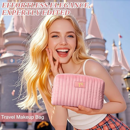Monogrammed Make Up Bags for Women,Personalized Cosmetic Bags Women,Small Quilted Makeup Pouch,Cute Makeup Bag Travel,Birthday Gifts for Teen Girl (Pink T)