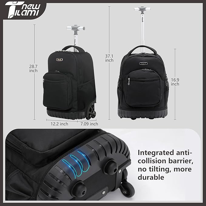 NEW TILAMI Rolling Backpack 16 Inch Wheeled Laptop Backpack with Wheels for Girls Boys School, Black